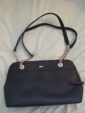 DKNY Black Saffiano Shoulder Bag with Gold Chain Detail